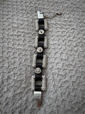 OTAZU Black Swarovski Crystal Link.”, Leather Bracelet with Coin Accents